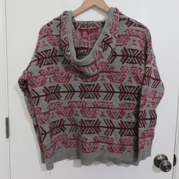 American Eagle Outfitters Womens Sz M Pink Gray Aztec Print Knit Sweater Hooded - Picture 2 of 5